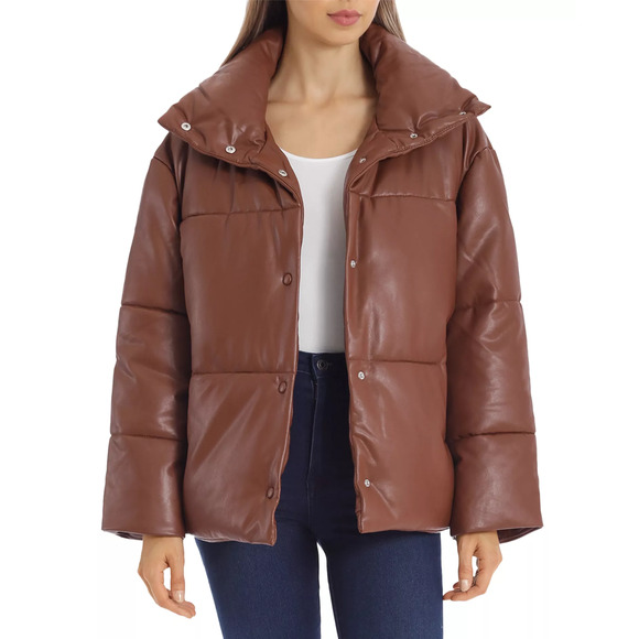 NWT Bagatelle.NYC Oversize Faux Leather Puffer Jacket Cognac Brown Womens Size S - Picture 2 of 8